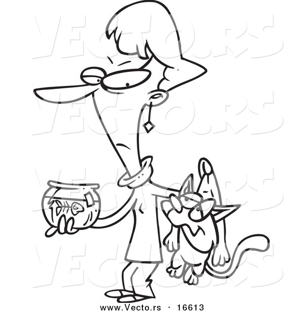 Vector of a Cartoon Girl Carrying a Bad Cat and a Dead Fish in a Bowl - Outlined Coloring Page Drawing
