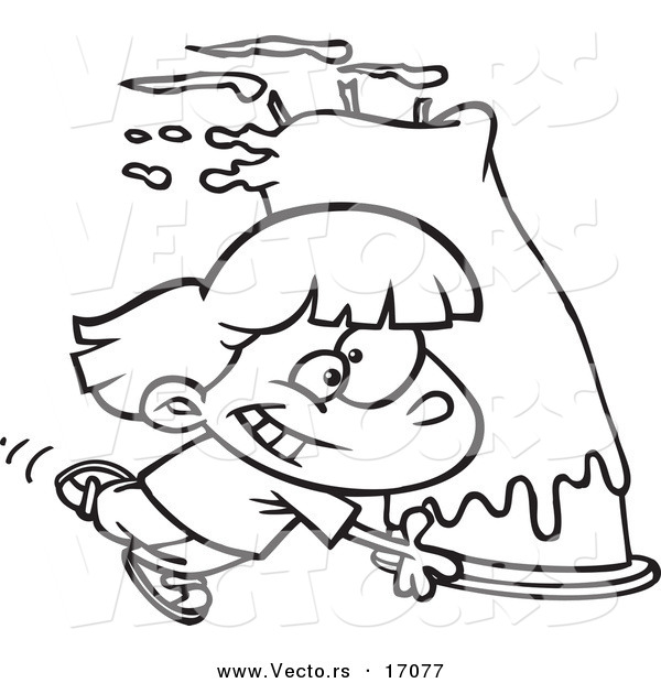 Vector of a Cartoon Girl Carrying a Big Birthday Cake - Coloring Page Outline