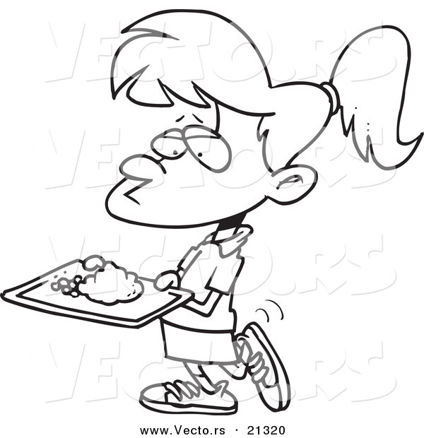 Vector of a Cartoon Girl Carrying Cafeteria Food - Outlined Coloring Page