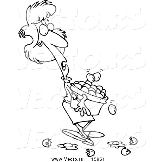 Vector of a Cartoon Girl Carrying Eggs in a Basket - Outlined Coloring Page Drawing
