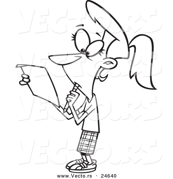 Vector of a Cartoon Girl Contemplating a Document - Outlined Coloring Page