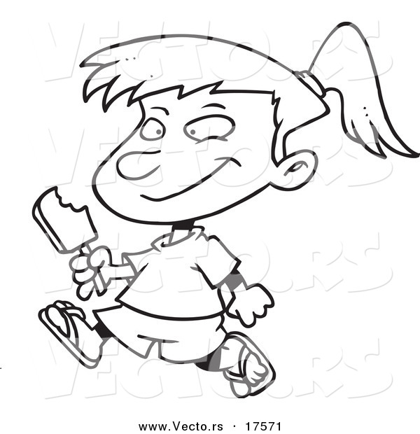 Vector of a Cartoon Girl Eating a Refreshing Popsicle - Coloring Page Outline