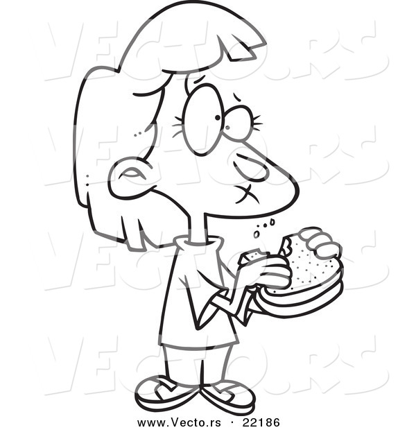 Vector of a Cartoon Girl Eating a Sandwich - Outlined Coloring Page