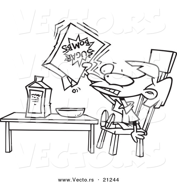 Vector of a Cartoon Girl Eating Sugary Cereal - Coloring Page Outline