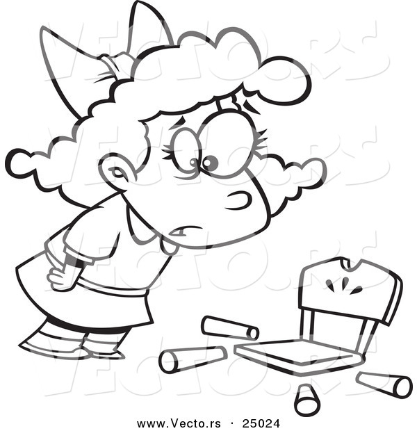Vector of a Cartoon Girl Goldilocks with a Broken Chair - Outlined Coloring Page