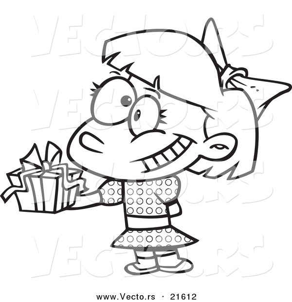 Vector of a Cartoon Girl Holding a Gift at a Party - Outlined Coloring Page