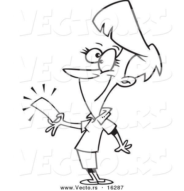 Vector of a Cartoon Girl Holding a Golden Ticket - Outlined Coloring Page Drawing
