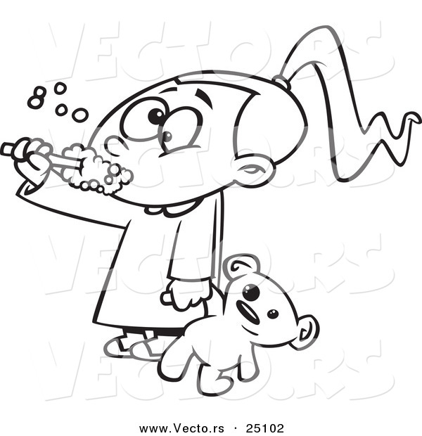 Vector of a Cartoon Girl Holding Her Teddy Bear and Brushing Her Teeth Before Bedtime - Coloring Page Outline
