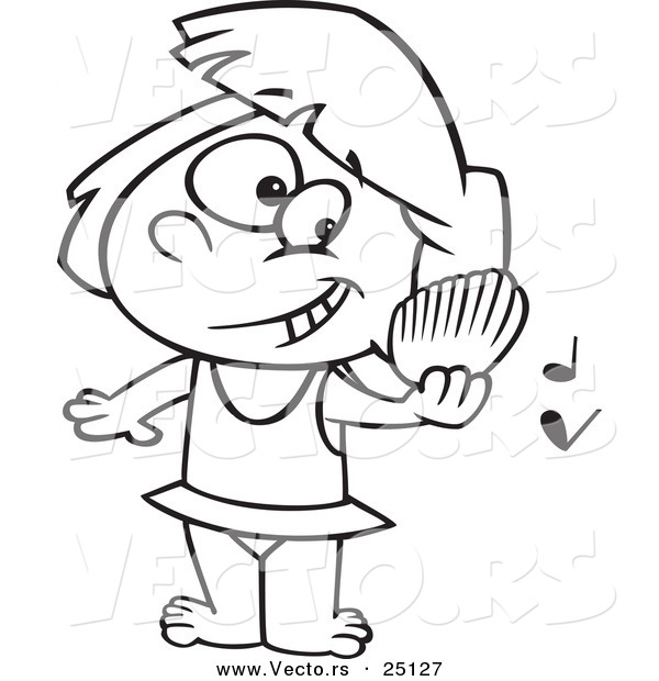 Vector of a Cartoon Girl Listening to a Shell Play Music on a Beach - Coloring Page Outline