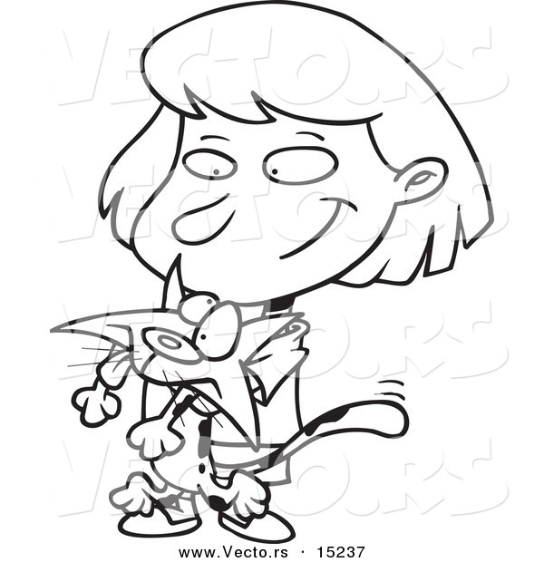 Vector of a Cartoon Girl Mangling Her Kitty - Coloring Page Outline