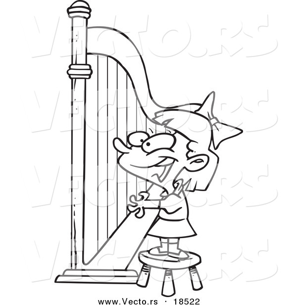 Vector of a Cartoon Girl Playing a Harp - Outlined Coloring Page