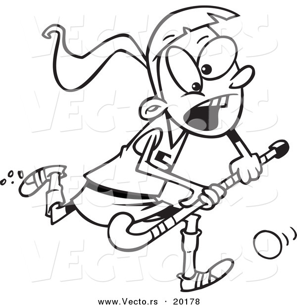 Vector of a Cartoon Girl Playing Field Hockey - Outlined Coloring Page