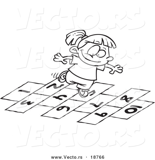 Vector of a Cartoon Girl Playing Hop Scotch - Outlined Coloring Page