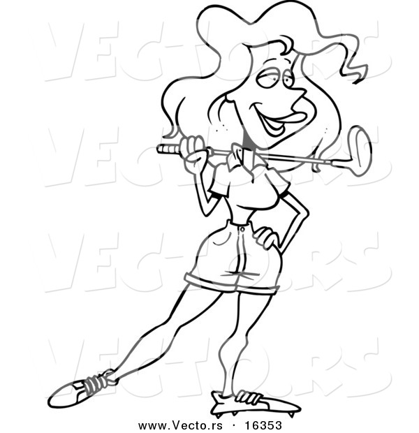 Vector of a Cartoon Girl Resting a Golf Club on Her Shoulder - Outlined Coloring Page Drawing