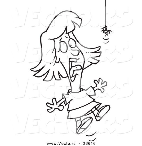 Vector of a Cartoon Girl Screaming at a Spider - Coloring Page Outline