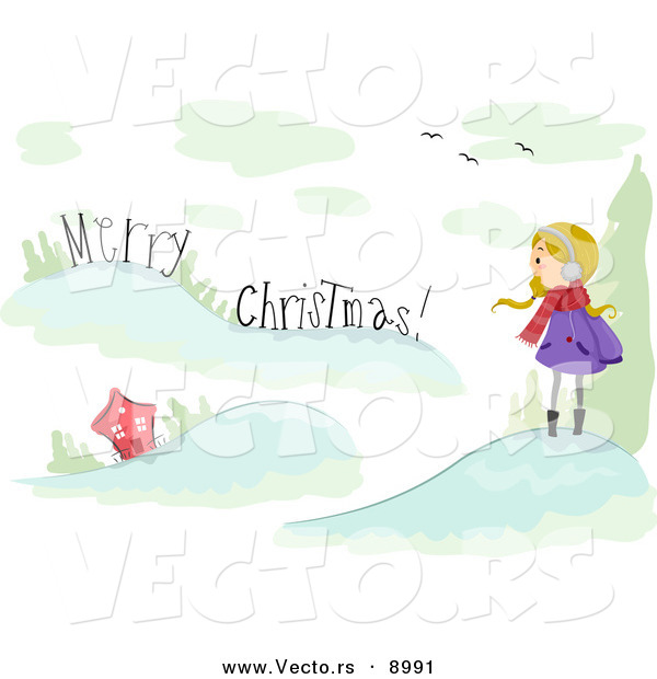 Vector of a Cartoon Girl Shouting out "Merry Christmas' to a House on a Hill