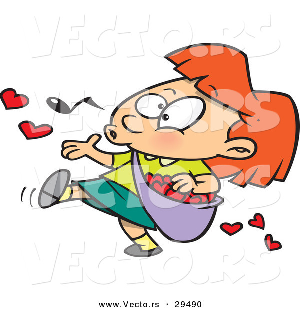 Vector of a Cartoon Girl Spreading Love Hearts from a Bag While Walking