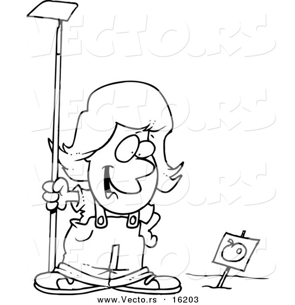 Vector of a Cartoon Girl Standing in a Tomato Garden - Outlined Coloring Page Drawing