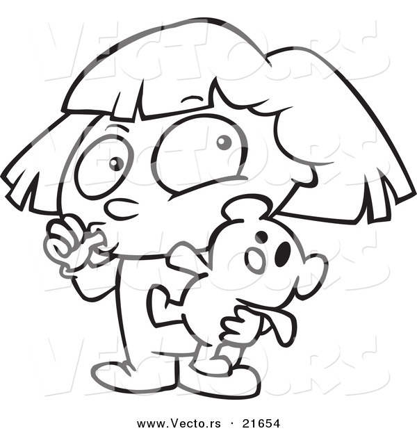 Vector of a Cartoon Girl Sucking Her Thumb and Holding a Teddy Bear - Outlined Coloring Page