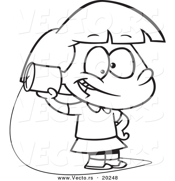 Vector of a Cartoon Girl Using a Can Phone - Outlined Coloring Page