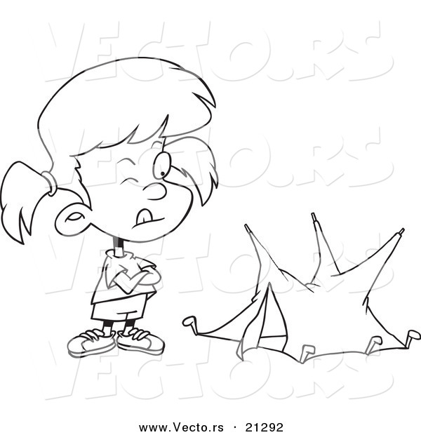 Vector of a Cartoon Girl with a Tiny Tent - Outlined Coloring Page