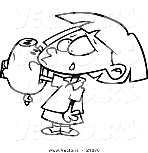 Vector of a Cartoon Girl with Her Hand Stuck in a Piggy Bank - Outlined Coloring Page