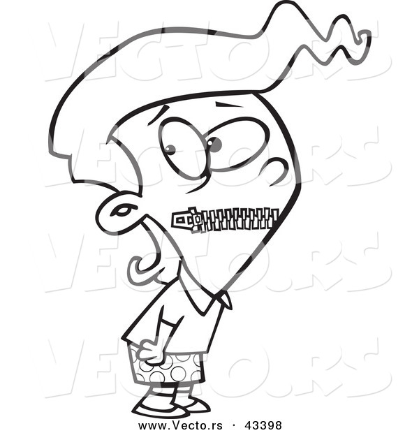 Vector of a Cartoon Girl with Mouth Zipped Shut - Coloring Page Outline