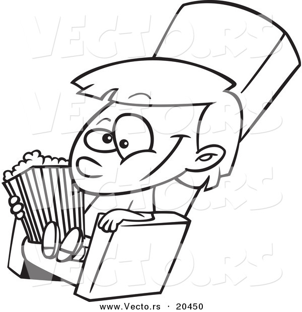 Vector of a Cartoon Girl with Movie Popcorn - Coloring Page Outline