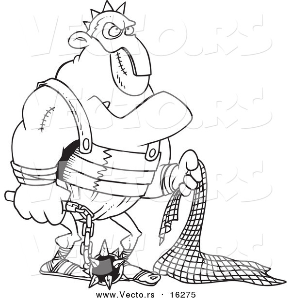 Vector of a Cartoon Gladiator Holding a Net and Flail - Outlined Coloring Page Drawing