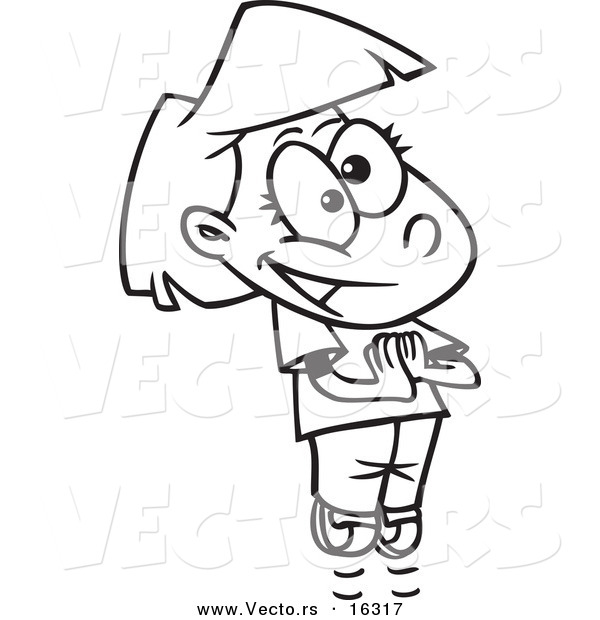 Vector of a Cartoon Gleeful Girl Jumping - Outlined Coloring Page Drawing