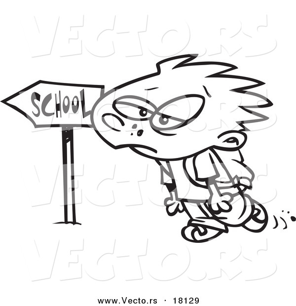 Vector of a Cartoon Gloomy Boy Walking to School - Outlined Coloring Page