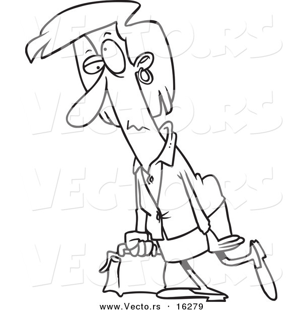 Vector of a Cartoon Gloomy Businesswoman Walking - Outlined Coloring Page Drawing