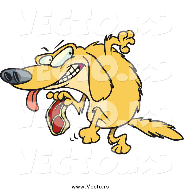 Vector of a Cartoon Golden Retriever Dog Stealing a Steak