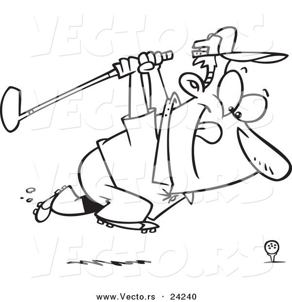 Vector of a Cartoon Golfer Charging Golf Ball with Club - Outlined Coloring Page