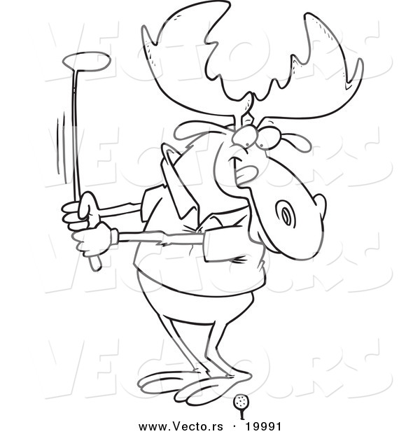 Vector of a Cartoon Golfing Moose - Outlined Coloring Page