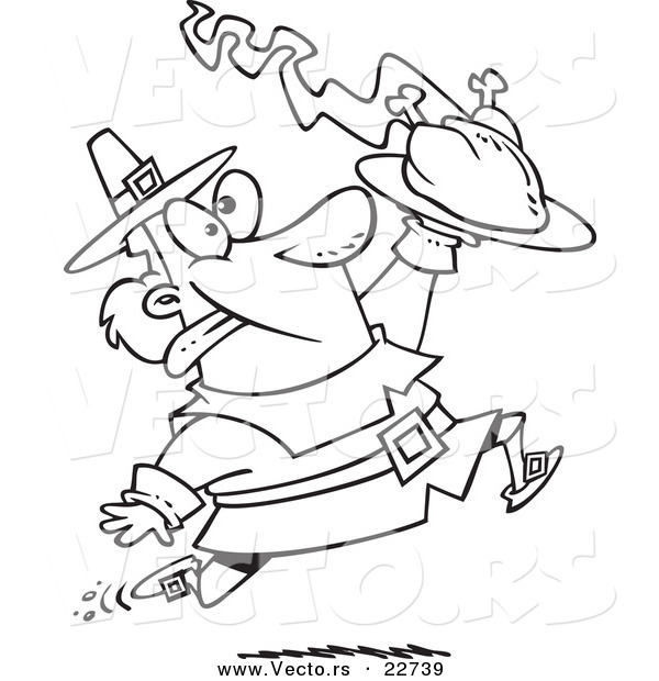 Vector of a Cartoon Goofy Pilgrim Carrying a Hot Turkey - Coloring Page Outline