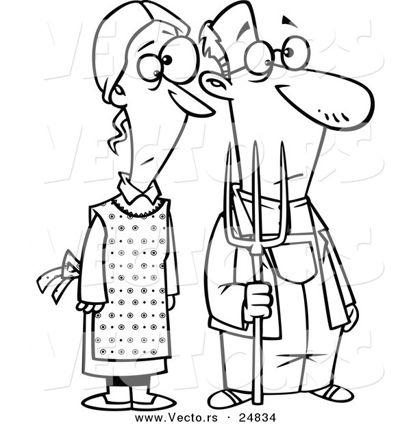 Vector of a Cartoon Gothic Farm Couple with a Pitch Fork - Outlined Coloring Page