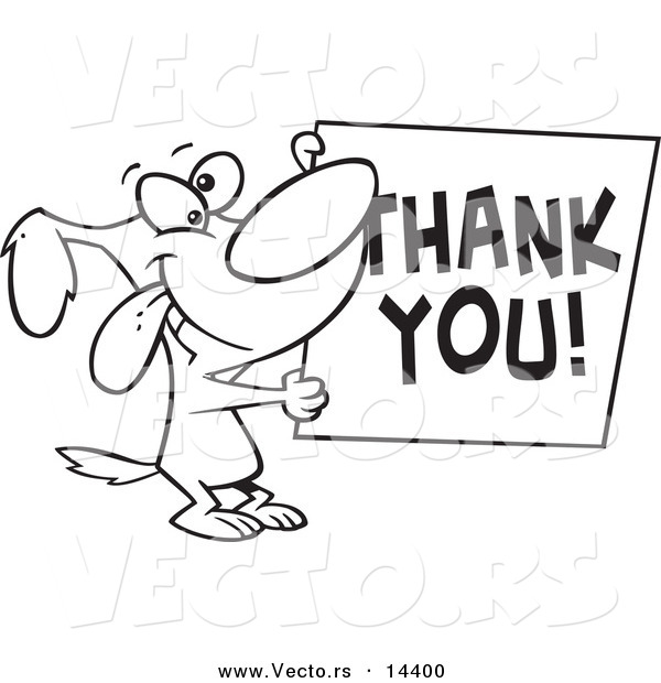Vector of a Cartoon Grateful Dog Holding a Thank You Sign - Coloring Page Outline