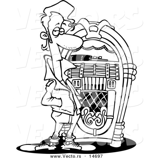 Vector of a Cartoon Greaser by a Juke Box - Coloring Page Outline