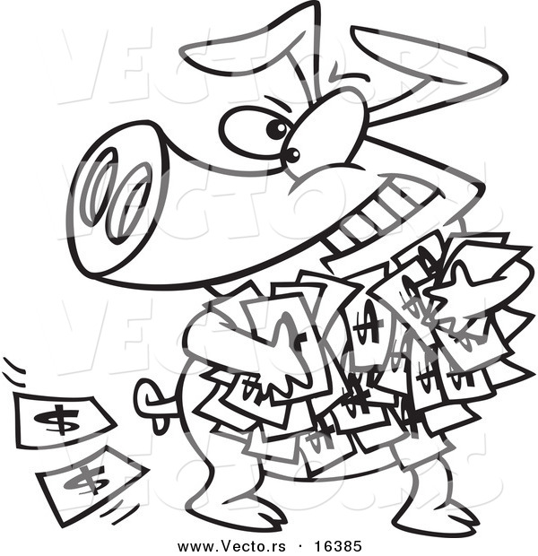 Vector of a Cartoon Greedy Pig with Money - Outlined Coloring Page Drawing