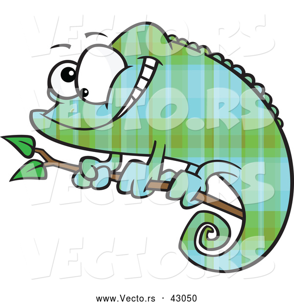 Vector of a Cartoon Green and Blue Plaid Chameleon Lizard Smiling on a Branch