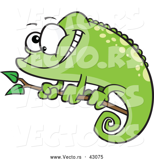 Vector of a Cartoon Green Spotted Chameleon Lizard Smiling on a Branch