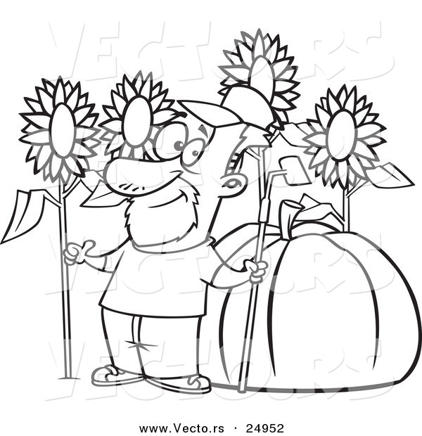 Vector of a Cartoon Green Thumb Farmer with Sunflowers and a Giant Pumpkin - Outlined Coloring Page