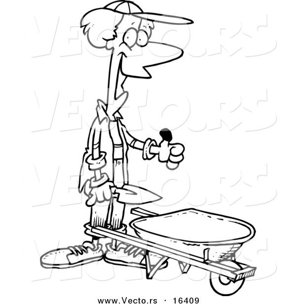 Vector of a Cartoon Green Thumb Gardener with a Wheel Barrow - Outlined Coloring Page Drawing