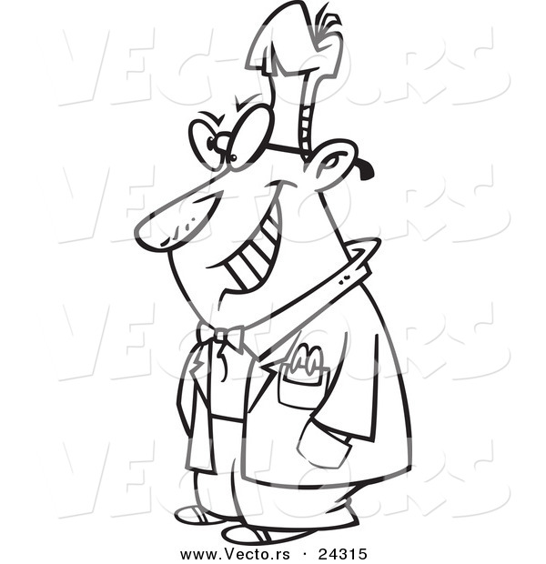 Vector of a Cartoon Grinning Devious Nerd Black and White Outline - Outlined Coloring Page