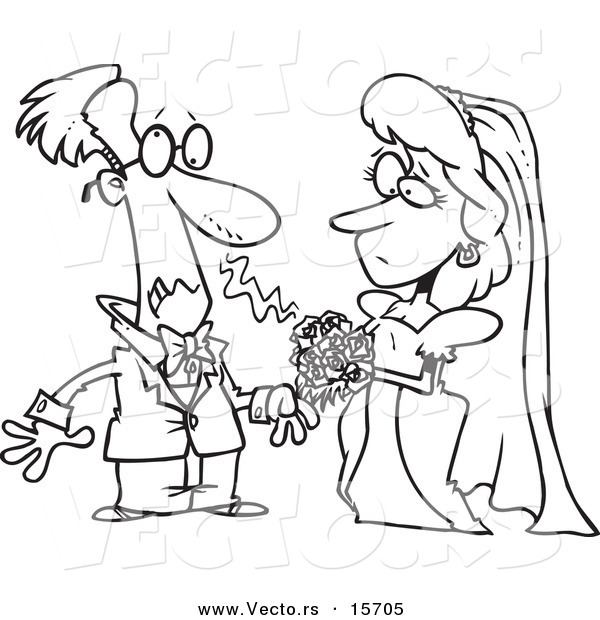 Vector of a Cartoon Groom Allergic to His Bride's Bouquet - Coloring Page Outline