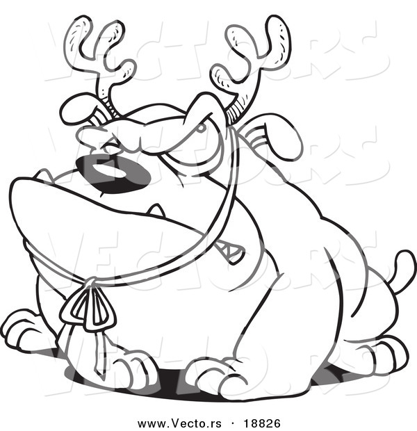 Vector of a Cartoon Grouchy Bulldog Wearing Antlers - Outlined Coloring Page