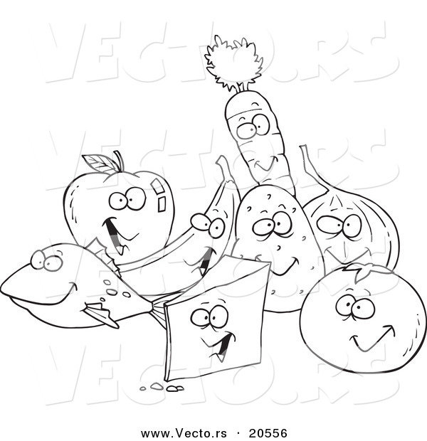 Vector of a Cartoon Group of Foods - Coloring Page Outline