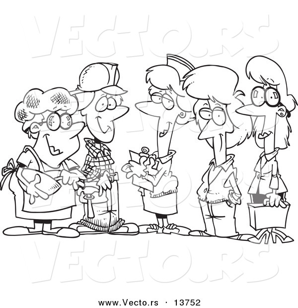 Vector of a Cartoon Group of Ladies from Different Occupations - Coloring Page Outline