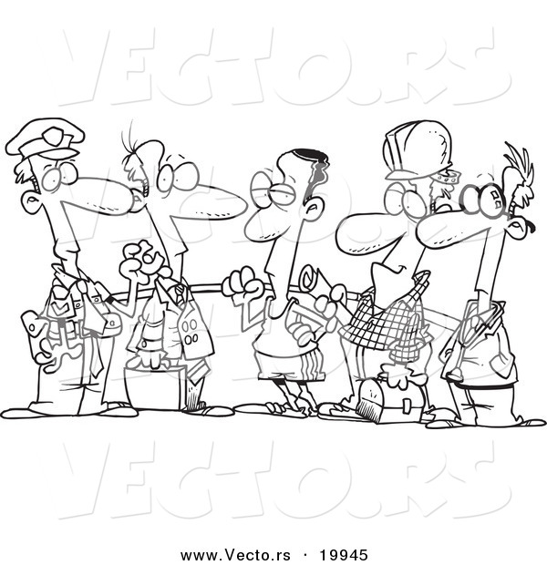Vector of a Cartoon Group of Men from Different Occupations - Outlined Coloring Page